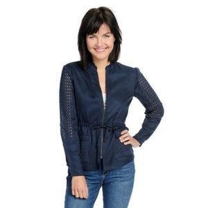 Navy Long Sleeve Zip Up Utility Jacket with Crochet Detail